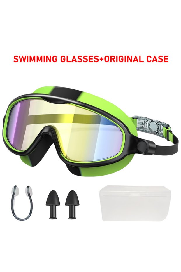 Green-golden Large Frame Swimming Goggles Wide View No Leaking Anti Fog UV Protection Pool Glasses f