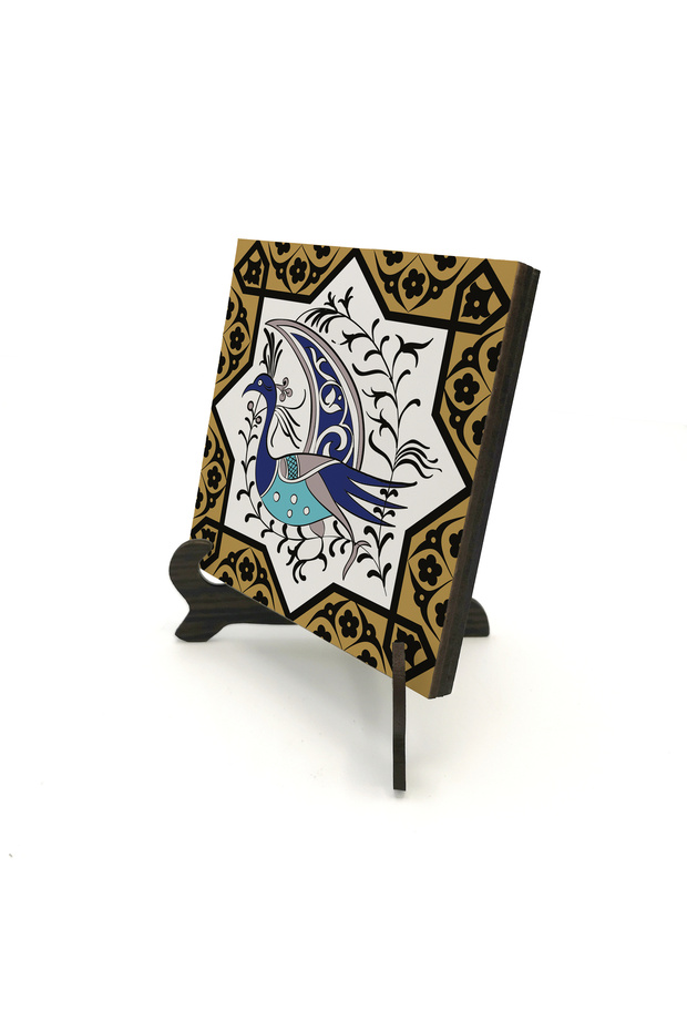 Peacock Figured, Anatolian Seljuk Star Motif Printed Wooden Tabletop Decoration 10X10 Kd-31