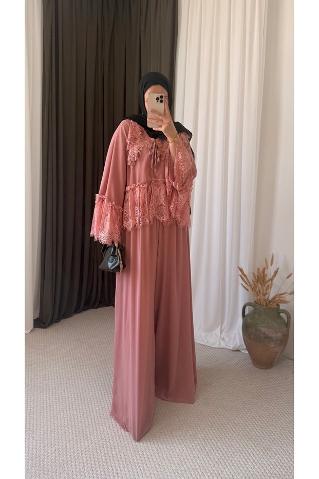 Guipure Detailed Skirt and Trousers Set - 5784 - Dusty Rose