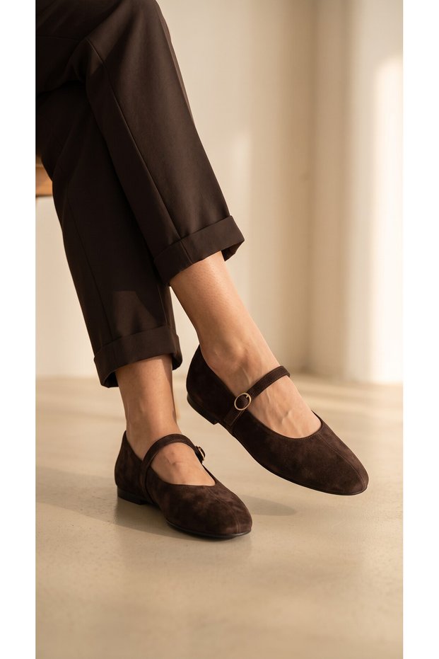 Celina Women's Brown Suede Genuine Leather Lined Ankle Strap Ballerinas
