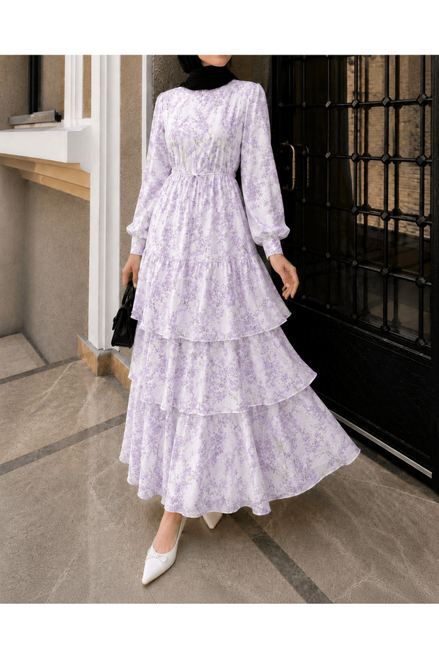 Digital Floral Patterned Layered Dress - 5745 - Lilac