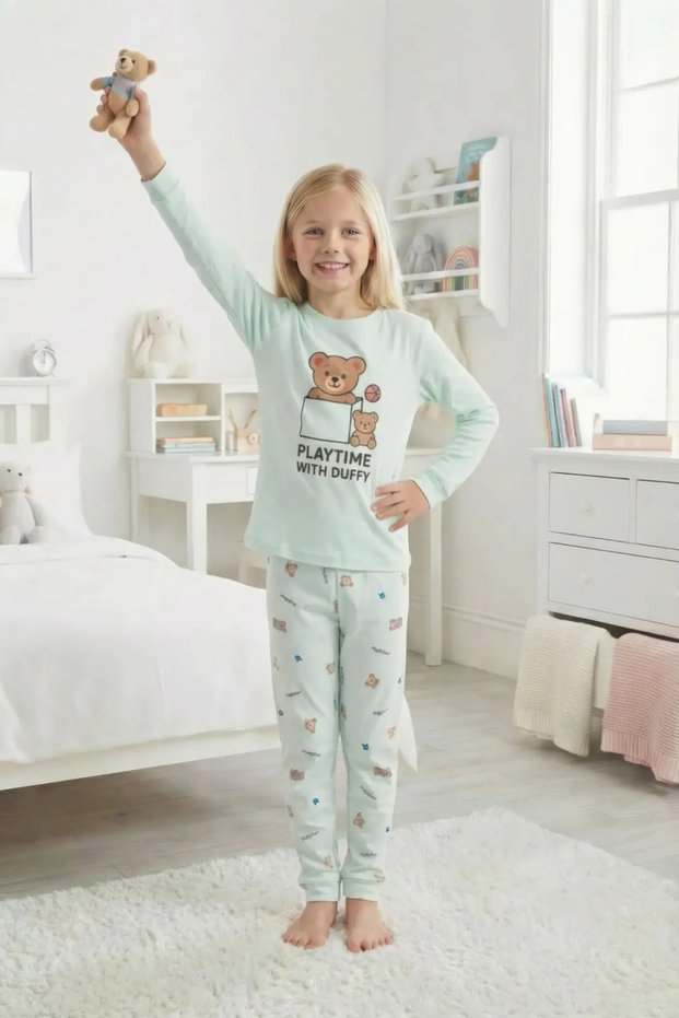 Water Green Play Time Bear Printed Unisex Pajama Set