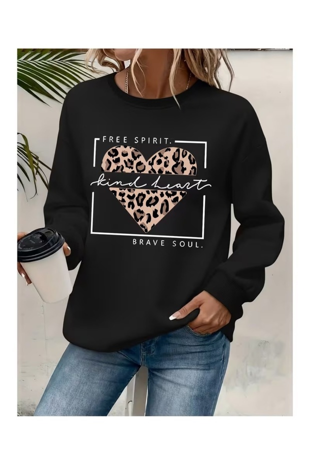 Unisex Leopard Heart Kind Heart Printed Crew Neck Sweatshirt Printed Premium Oversize T-Shirt