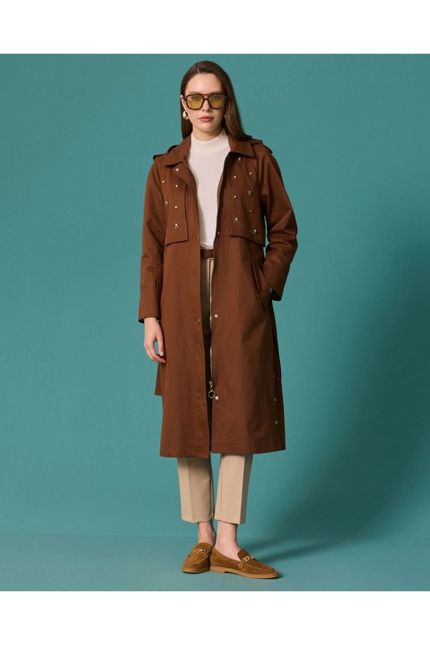Double-Breasted Collar Trench Coat with Tie Detail