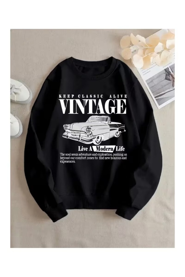 Unisex Vintage Car Printed Crew Neck Sweatshirt Printed Premium Oversize T-Shirt