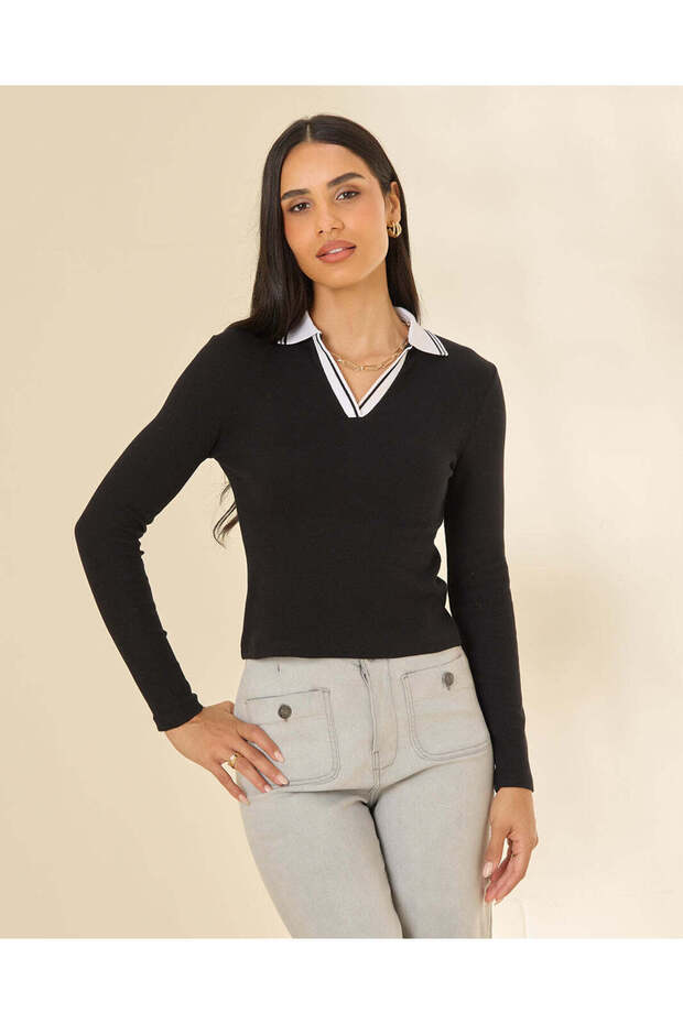 Women Black Contrast Collar Ribbed Top