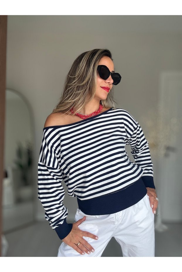 Navy Blue Striped Knit Sweater