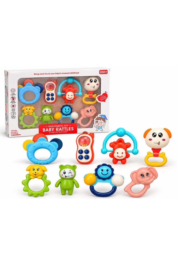 Baby Rattle Toy Set, 8 PCS Colourful Animal Hand Rattles & Teething Toys, Sensory Developmental Toys for Infants, Easy-Grip Early Learning Play Set for Babies 0+ Months