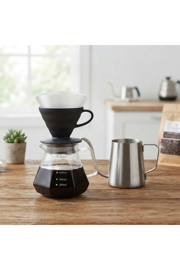 V60 Black Ceramic Filter Coffee Brewing Set Steel Kettle 600 ml