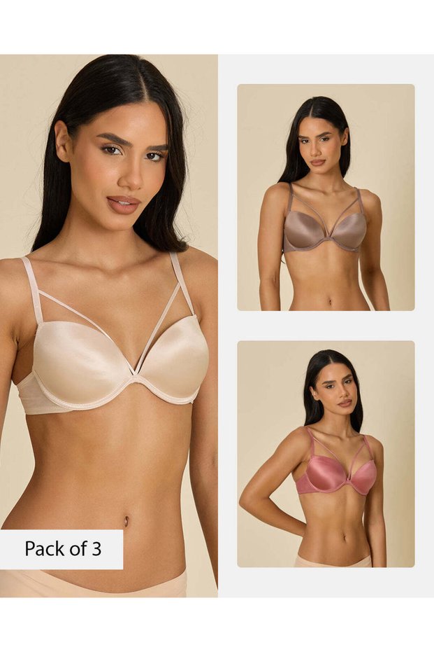 Women Assorted Shiny Microfiber Push-Up Bras 3 Piece Set