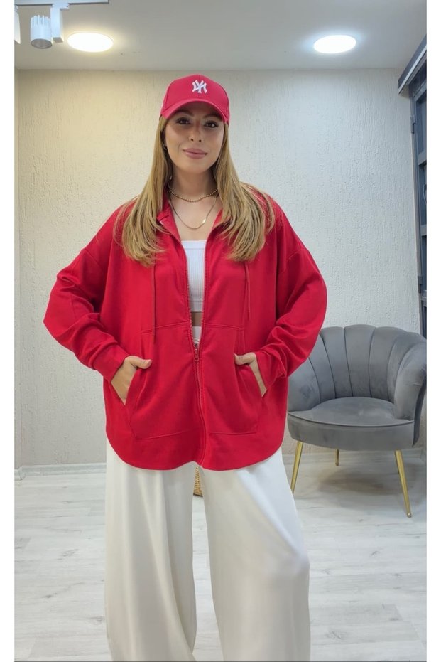 Modal Fermuarlı Oversize Kapşonlu Ceket