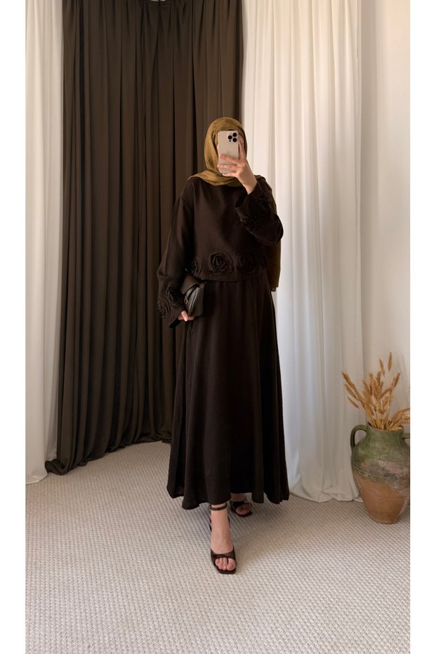 Rose Detailed Skirt Suit - 1387 - Bitter Brown