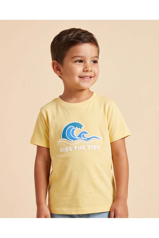 Boys Yellow Printed Crew Neck T-Shirt