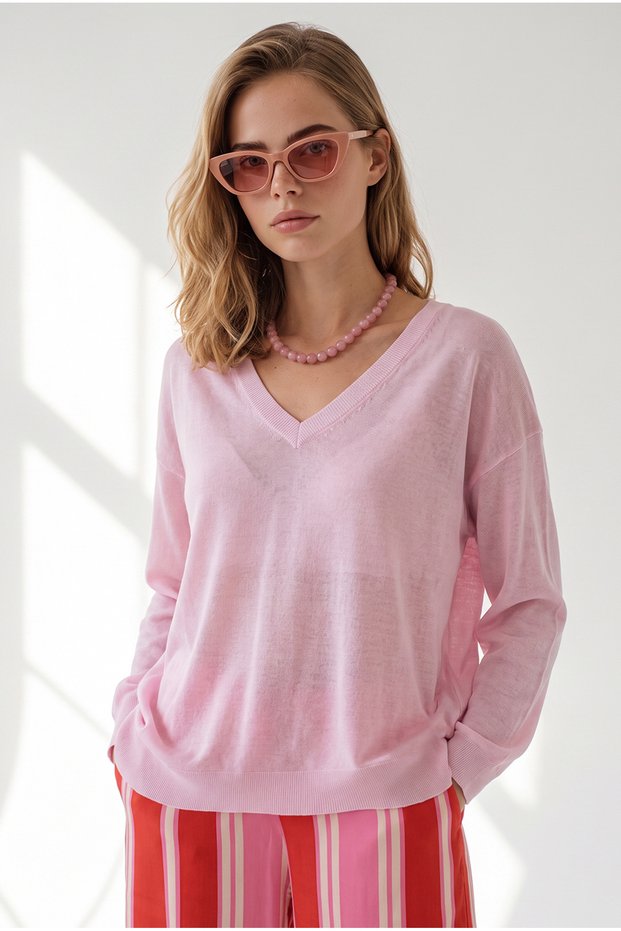 Women's Pink V-Neck Transparent Loose Knitwear Blouse Blz-19003451