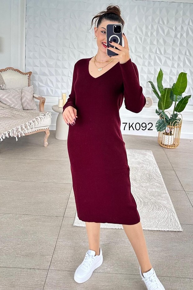 V-Neck Ribbed Crospan Knitwear Dress 7K092