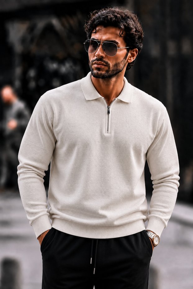 Men's Half-Zip Textured Knitwear Cream Sweater