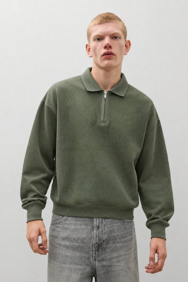 Men's Relaxed Fit Zippered Knitwear Green Sweater