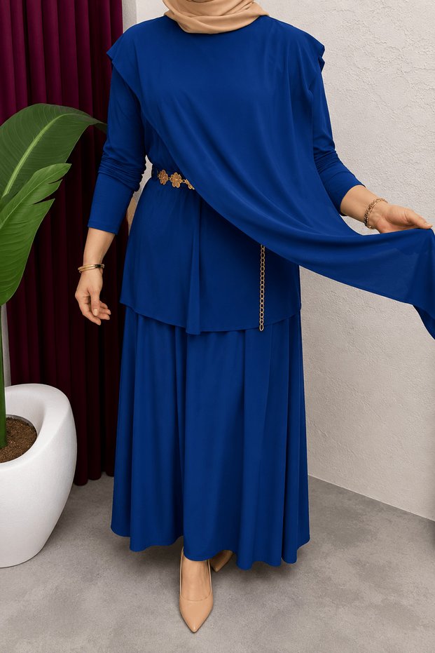 Asymmetrical Cut Sandy Skirt Set - Mg - Saks Blue
