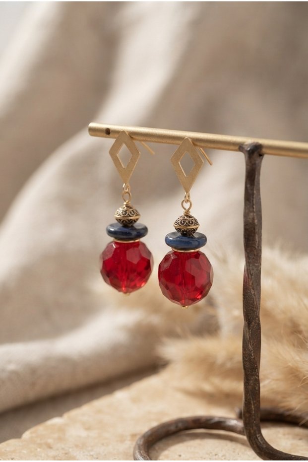 Handmade Crystal Beaded Burgundy Ball Earrings