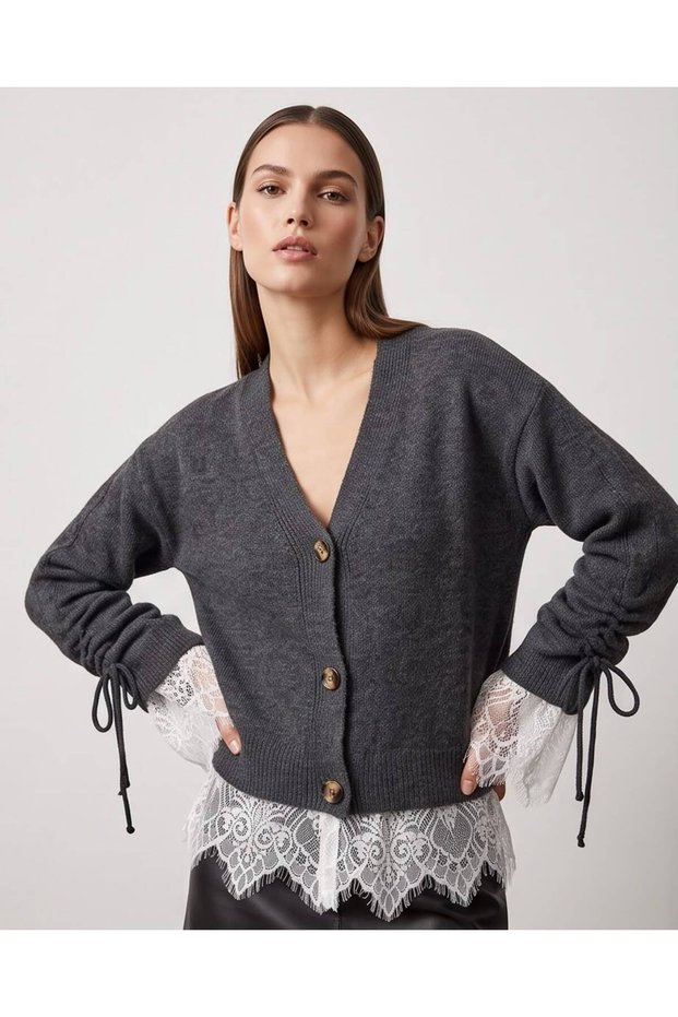 Women's Stylish Lace and Ruffle Detailed Knitwear Cardigan