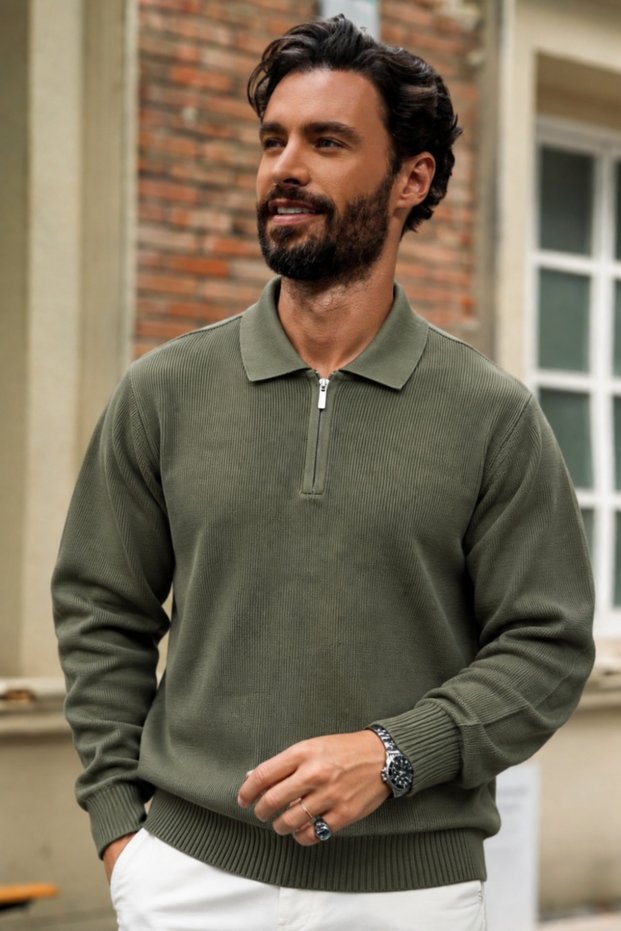 Men's Zippered Polo Collar Green Knit Sweater