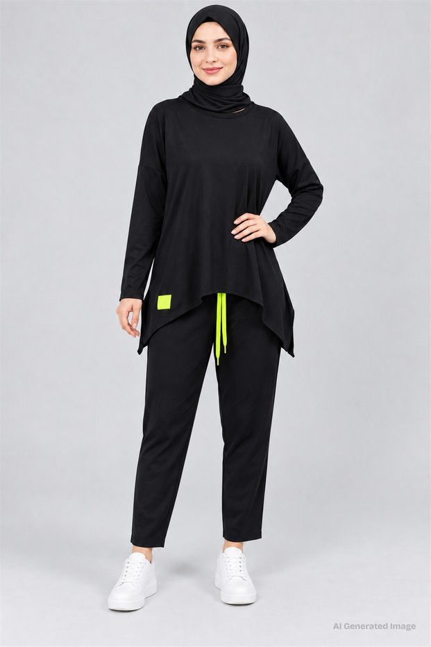 Women's Long Sleeve Asymmetrical Tunic and Waist-Tie Pants Set with Arma Detail, Viscose Cotton, Two-Thread Double Set