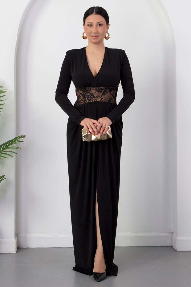 V-Neck Long Sleeve Waist Lace Detail Dress K-262746