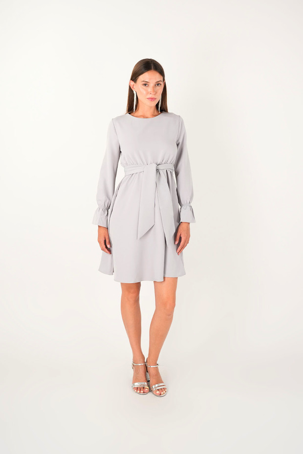 Crepe Fabric Elastic Waist Dress - Gray