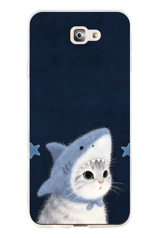 Samsung Galaxy J7 Prime Compatible Transparent Phone Case with Shark Costume and Cat Pattern