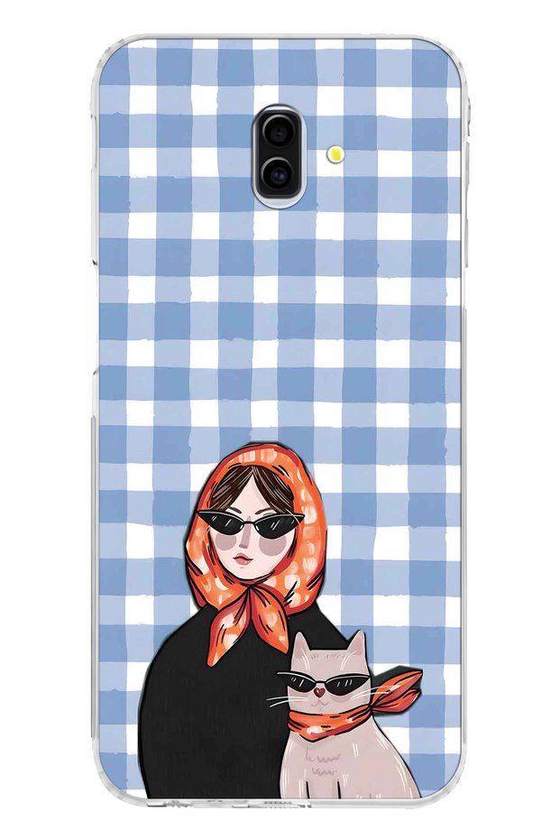 Samsung Galaxy J6 Plus Compatible Women's and Cat Patterned Transparent Phone Case with Shawl