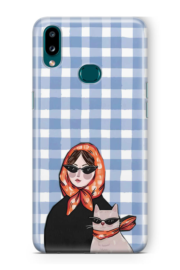 Samsung Galaxy A10S Compatible Transparent Phone Case with Woman and Cat Pattern with Shawl