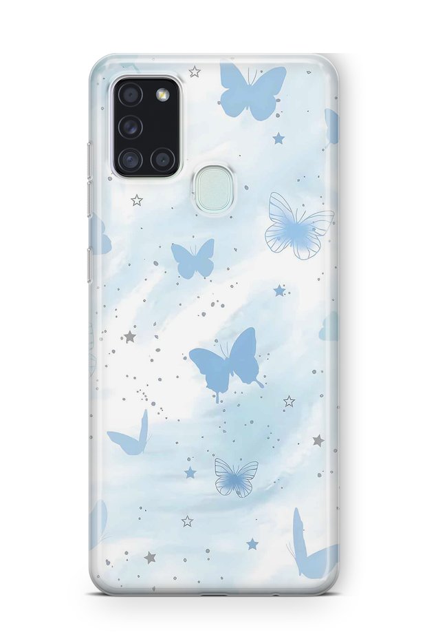 Samsung Galaxy A21S Compatible Pastel Blue Butterfly Pattern Transparent Phone Case