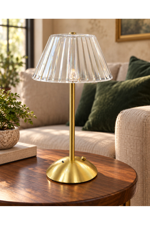 Gold Led Table Lamp with Transparent Head – Decorative Lampshade with 3 Light Modes