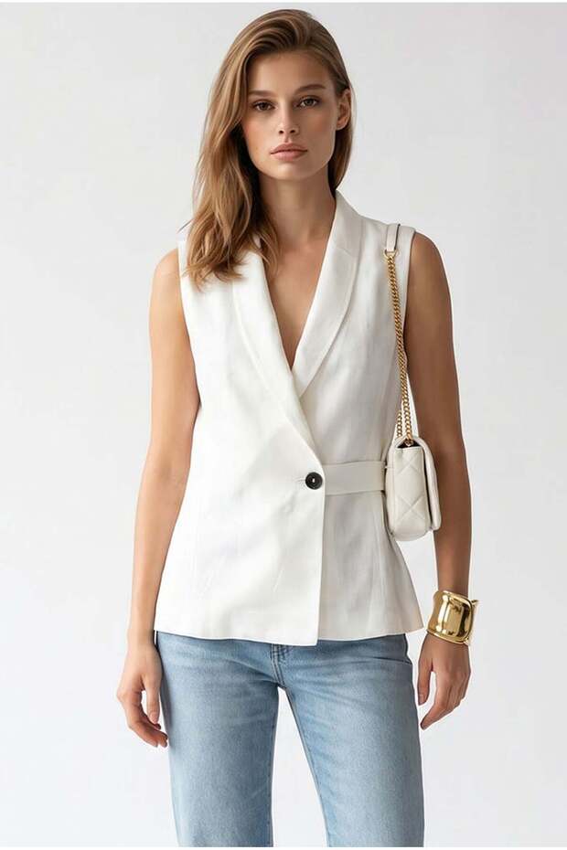 2125 Women's Double-Breasted Collared Belted Linen Vest Ecru