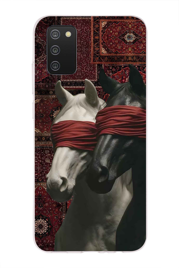 Samsung Galaxy A02S Compatible Transparent Phone Case with Carpet Background and Horse Artistic Pattern