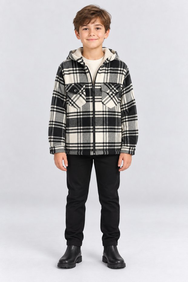Boy's Plaid Hooded Zippered Plush Lined Jacket Coat Lumberjack Shirt Ak1665