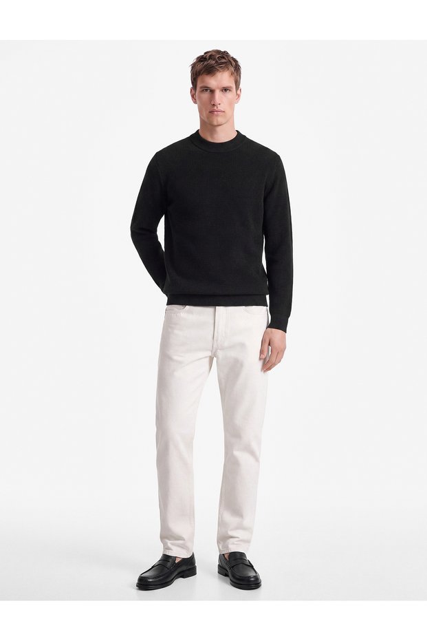 Regular Fit Long Sleeve Textured Cotton Mock Neck Winter Knitwear Sweater