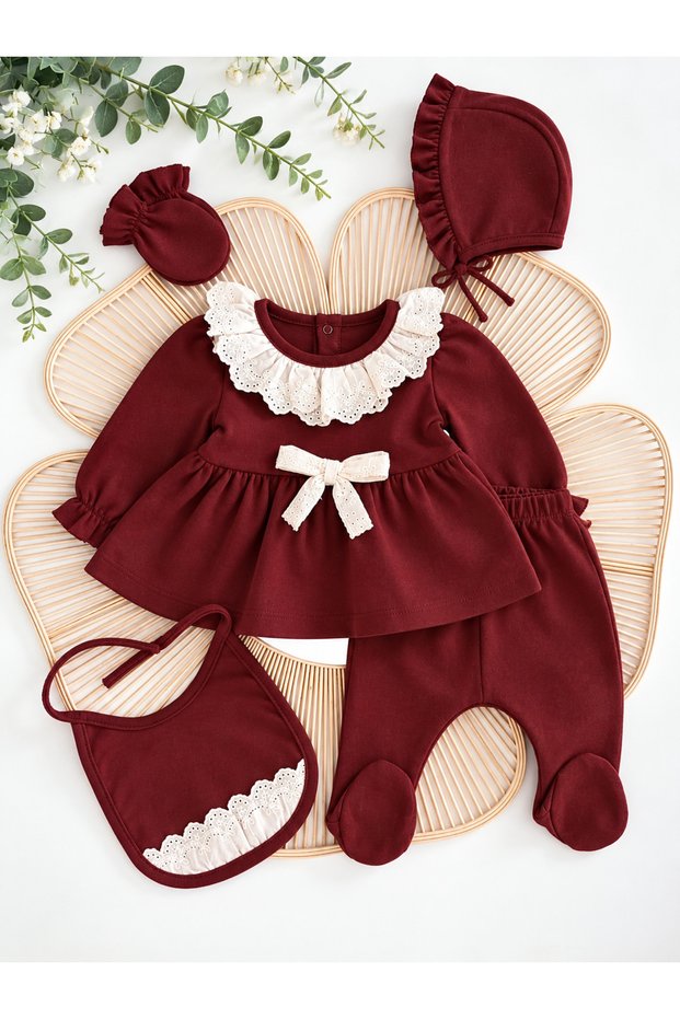 Baby Girl Newborn Lace 5-Piece Hospital Discharge Set with Baby Collar, Gift Cotton Boxed