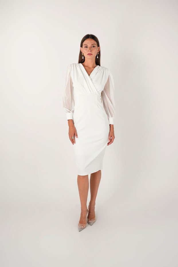 Crepe Fabric Sleeves Tulle Pencil Dress - White