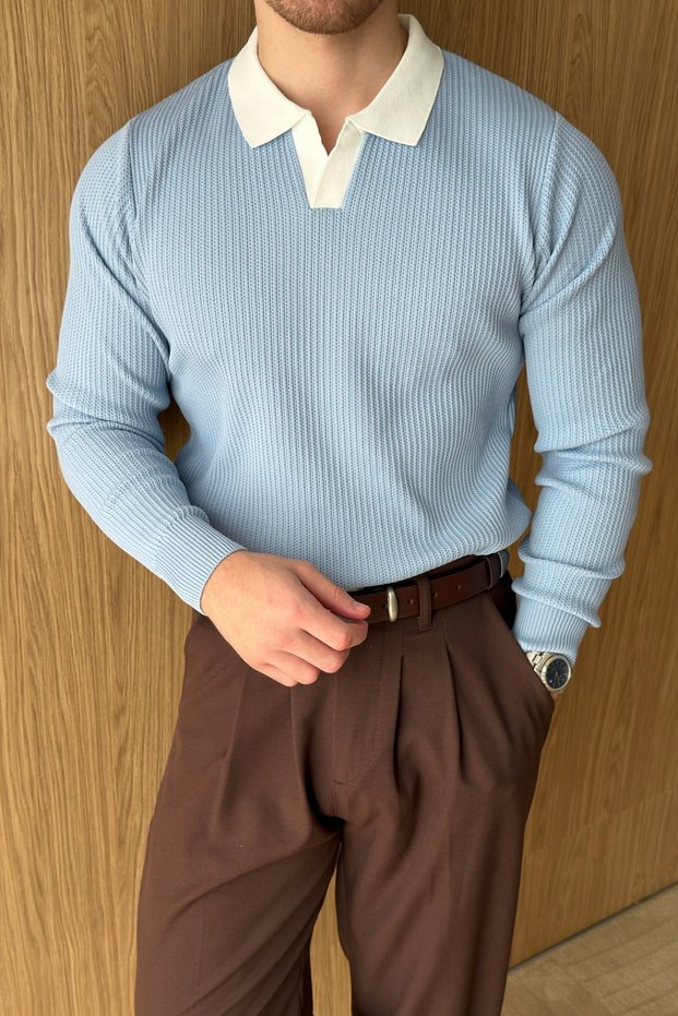 Atri Double Color Textured Regular Fit Polo Collar Men's Knitwear Sweater