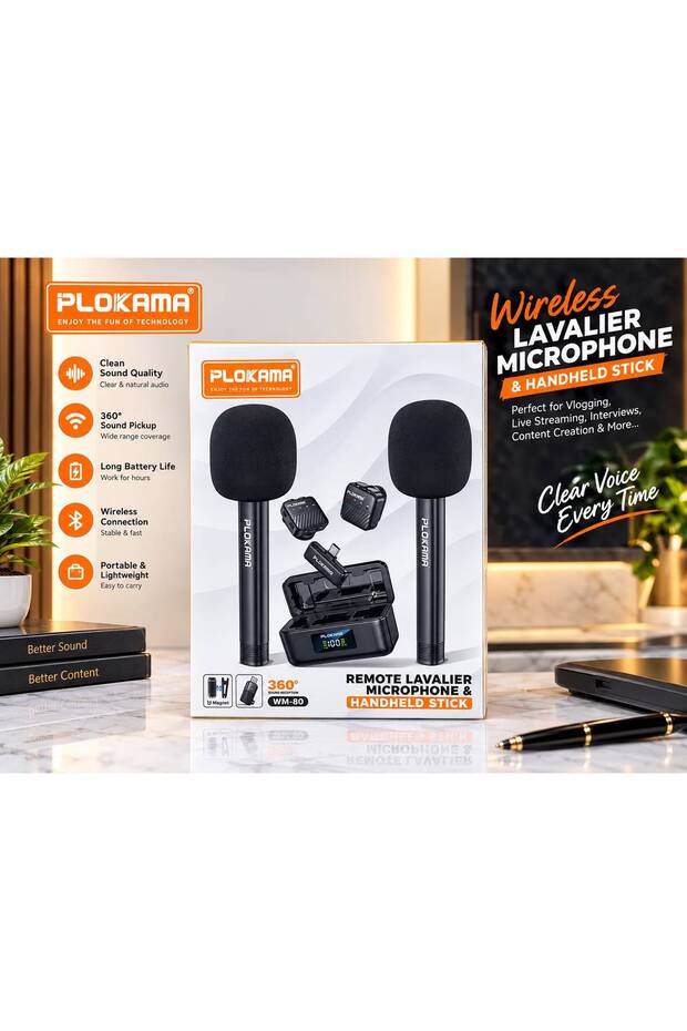 WM-80 Wireless Lavalier Microphone & Handheld Stick – 360° Sound Pickup, Portable Mic for Vlogging & Live Streaming