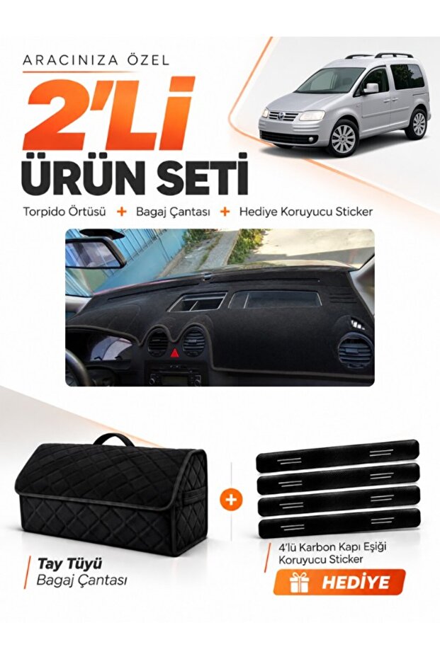 Volkswagen Caddy (2004-2010) Compatible Dashboard Cover + Tay Feather Trunk Bag + Sticker Set - Vw002