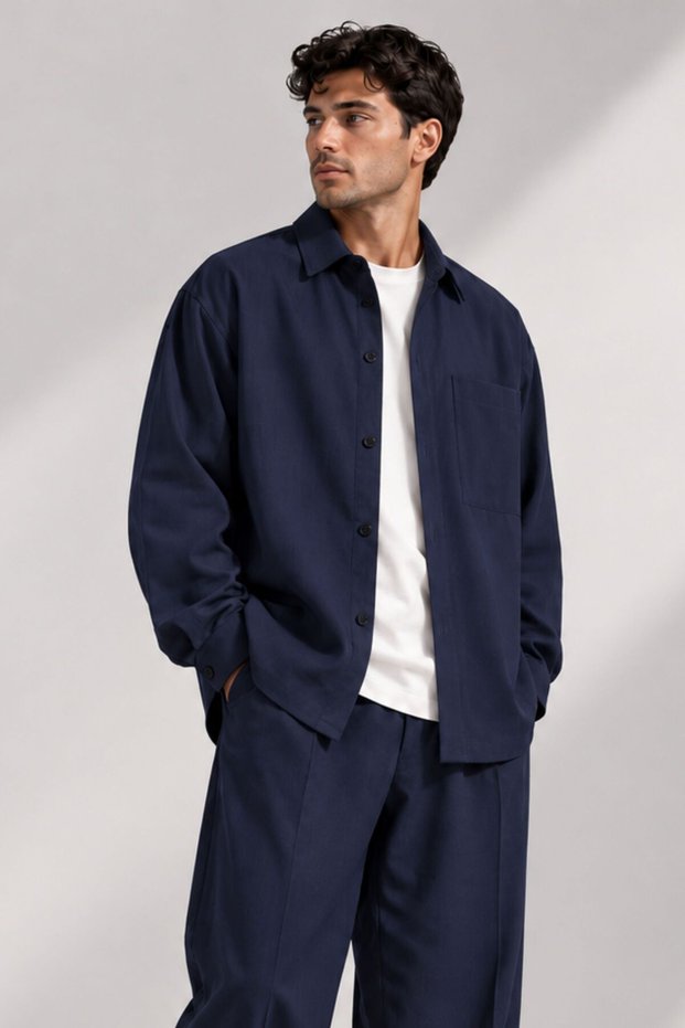 Large Size Young Men's Oversize Navy Blue Shirt Jacket