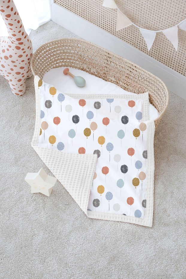 Double-Sided Baby Blanket, 100% Cotton Waffle Pique | Pillowcase with Gift - Dreamy Balloons - 100 X 150 cm