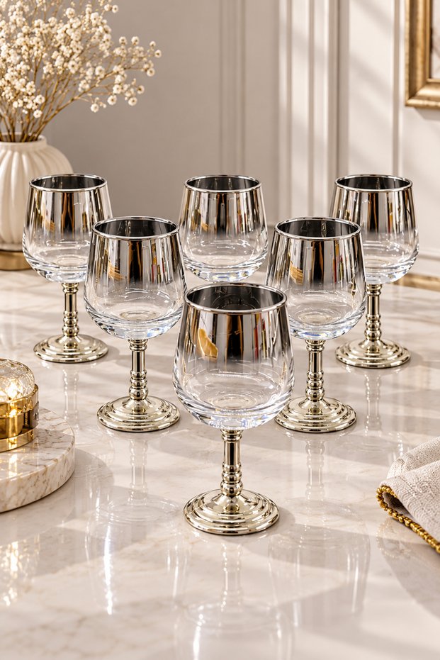 Set of 6 Silver Plated Glass Coffee and Water Glasses with Glass Legs 95ml