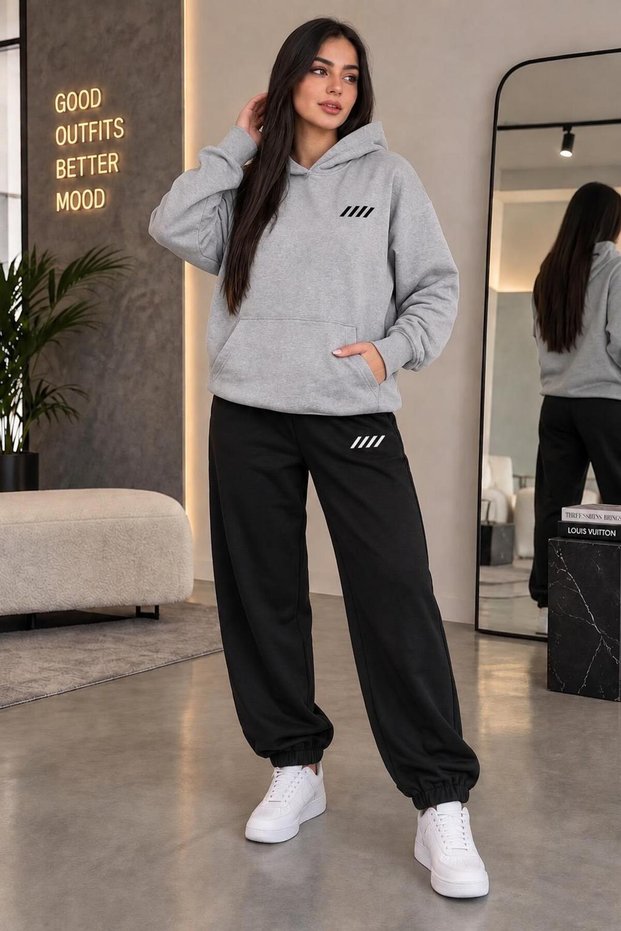 Hooded Sweat Suit 2-Piece Combination with Pullover and Pants, Unisex, 4 Stripes Printed