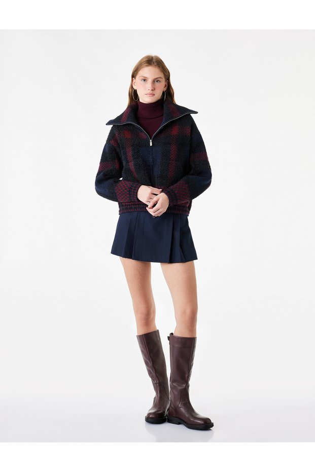 High Collar Long Sleeve Plaid Patterned Zippered Knitwear Cardigan