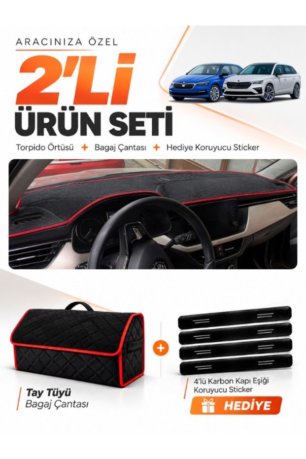 Dashboard Cover + Thai Feather Trunk Bag + Sticker Set Compatible with Skoda Scala (2020-2026) - Sk005