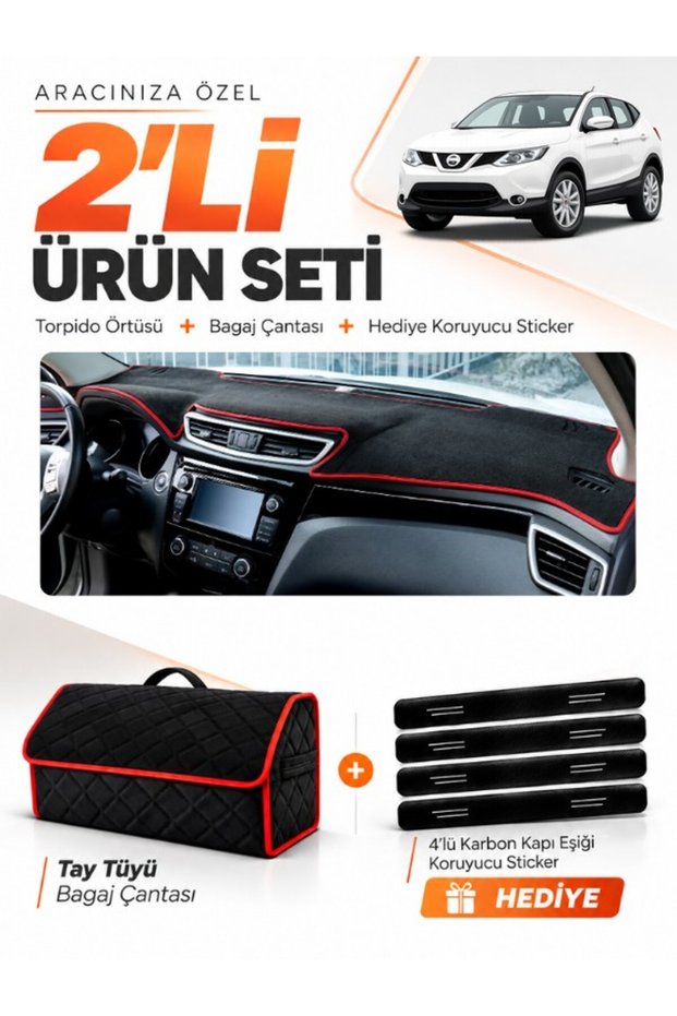 Dashboard Cover + Thai Feather Trunk Bag + Sticker Set Compatible with Nissan Qashqai J11 (2013-2020) - Ni017