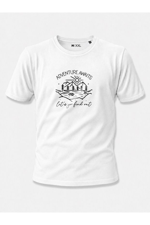 Adventure Awaits Lake and Mountain Printed Unisex 100% Cotton Navy Blue Outdoor T-Shirt